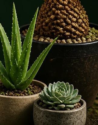 Aloe and succulents in stone pots